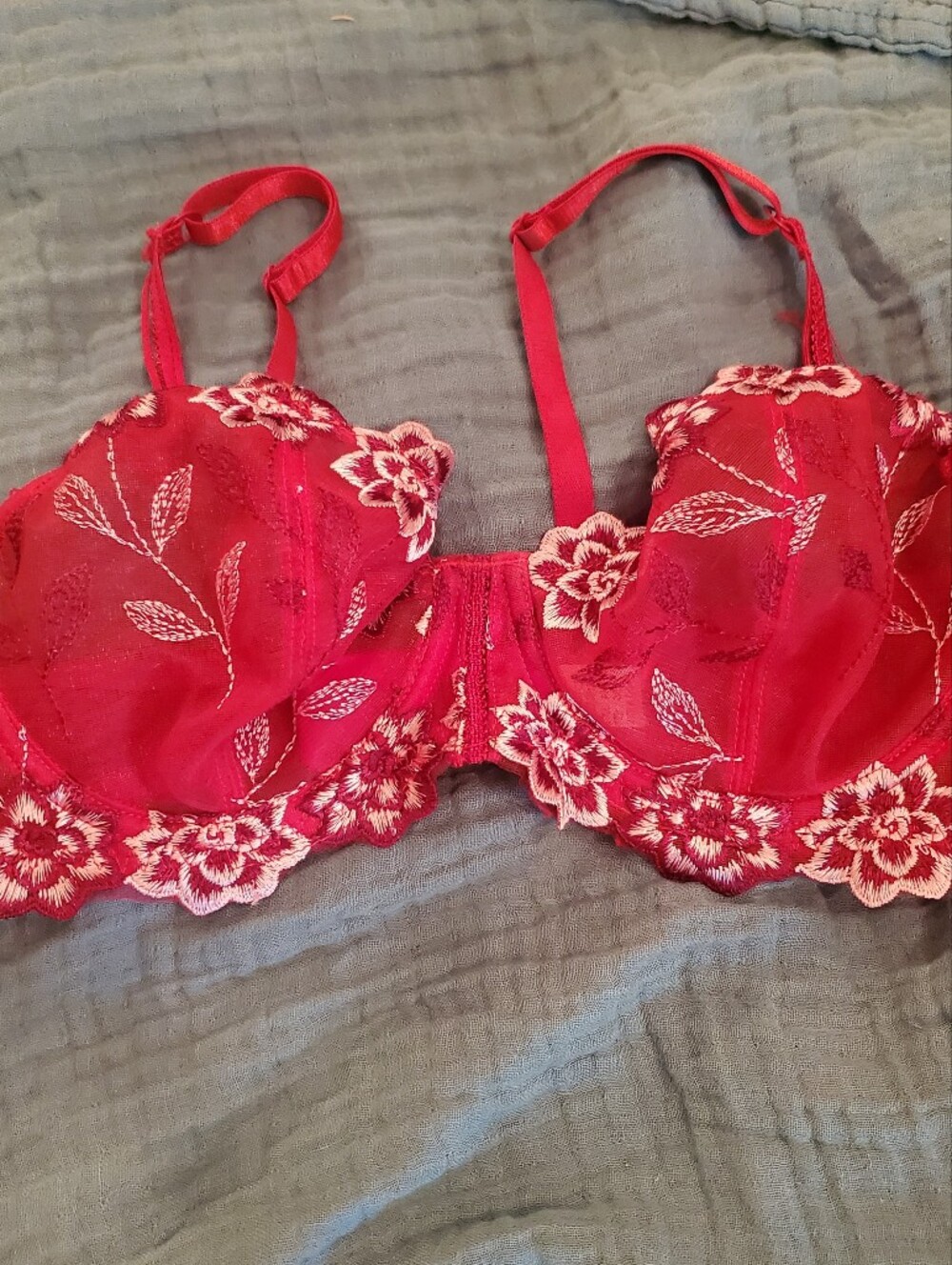 Glamour Laumiere Red Floral Embroidered Lace Bra – Sheer Underwire –36C